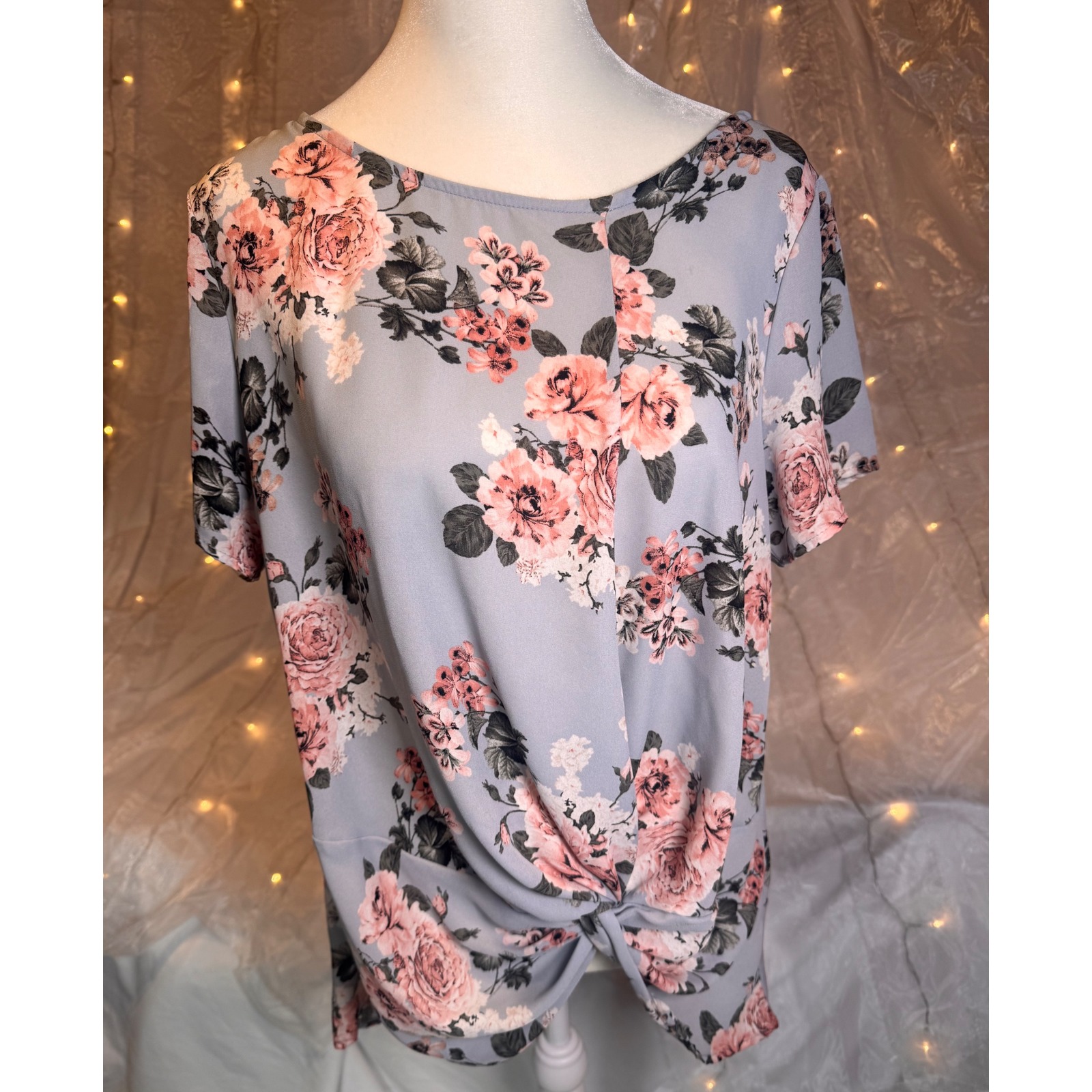 West Kei Women's Med Blue Pink Floral Chiffon Twist Front Blouse Short Sleeve